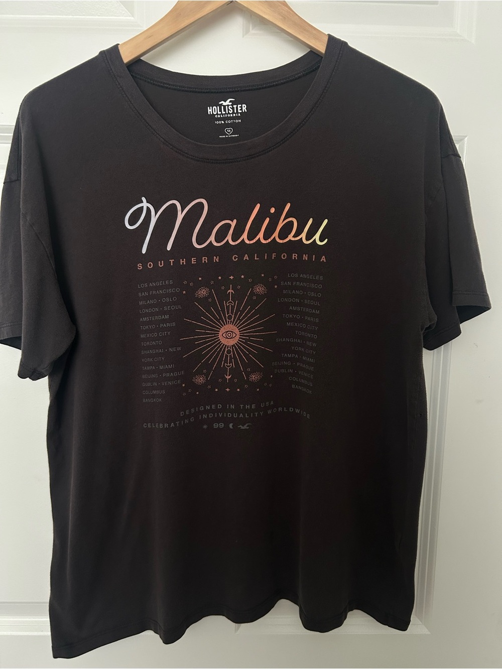 Hollister Black Malibu Graphic Tee with Rainbow Script